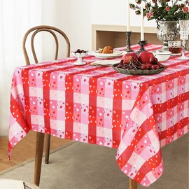 LUSHVIDA Valentine's Day Table Cloth, 60 x 120 Inch, Checkered Rectangle Tablecloth Love Heart Patterned Washable Decorative Table Cover for Wedding Holiday Party Kitchen Dinning Anniversary