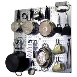 Wall Control Kitchen Pegboard Organizer Pots and Pans Storage Rack Organization Kit with Metallic Silver Pegboard and Black Accessories