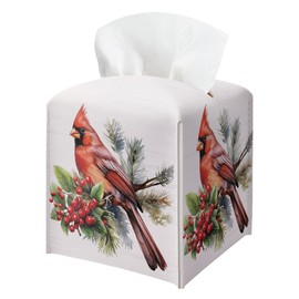 Christmas Tissue Box Holder, Christmas Cardinal Leather Tissue Box Cover Square with Bottom Belt, Paper Facial Decorative Tissues Cover for Night Stands Bathroom Office Home Decor-B11
