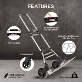 Vergo 275 Ibs Capacity Folding Hand Truck Dolly – Lightweight Aluminum Frame Dolly Cart with 42" Telescoping Handle, Compact Hand Cart with 7” Rubber Wheels - Ideal for Multi-Purpose Use (S300BT)