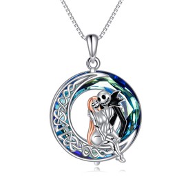 TOUPOP Sterling Silver Nightmare Necklace for Women Jack and Sally Pendant Necklace Jack Skellington Celtic Moon Necklace with Blue Crystal Skull Jewelry for Women Christmas Gifts