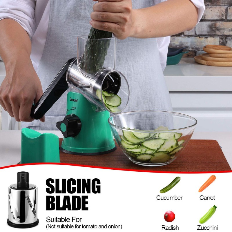 Geedel Rotary Cheese Grater with 3 Interchangeable Blades, Kitchen Mandoline