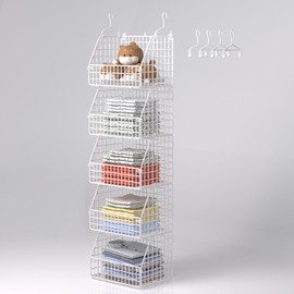 PUPPYCUTE Hanging Closet Organizer and Storage, Clothes Hanging Shelves Wire Baskets for Clothing Sweaters Purse Handbags Shoes White 5 Tier