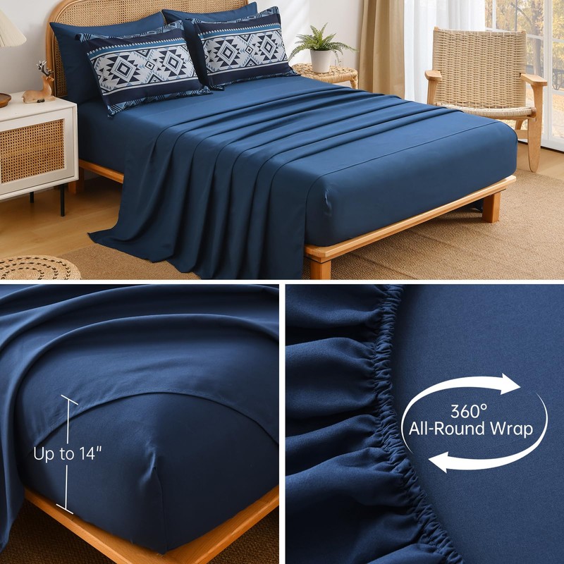 Anibedding Navy Blue Comforter Set Queen Size,7 Pieces Boho Bed