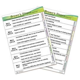 Blue Tree Publishing Brown's Stages of language development. Designed for SLP Speech Language Pathologists. Speech educational chart, processed by age. Laminated 8.26 x11.69 inch