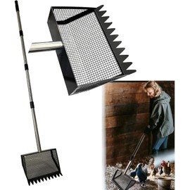 15" Adjustable Chicken Coop Scoop for Poop, Metal Chicken Poop Scooper Rake for Sand with 24 to 68" Handle, Wide 10”Poop Shovel Cleaning Tools,Heavy Duty Sifting Shovel (Black Max)