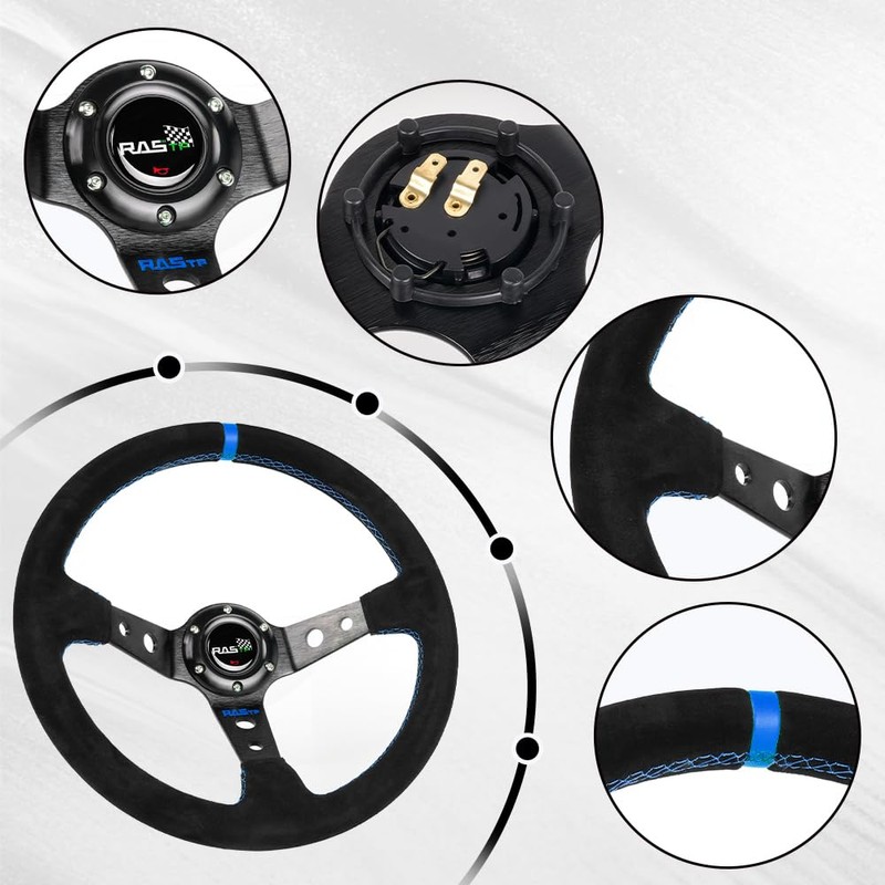 RASTP Universal Racing Steering Wheel Suede Deep Dish 13.58”/345mm 6