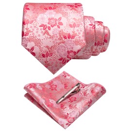 JEMYGINS Men's Floral Ties and Pocket Square Sets with Tie Clip Available in Various Colours, Pink/Crimson