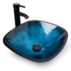 Artistic Square Bathroom Sink Blue Tempered Glass Vessel Sink Combo with Faucet 1.5 GPM and Pop up Drain Bathroom Bowl