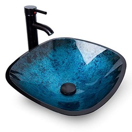 Artistic Square Bathroom Sink Blue Tempered Glass Vessel Sink Combo with Faucet 1.5 GPM and Pop up Drain Bathroom Bowl