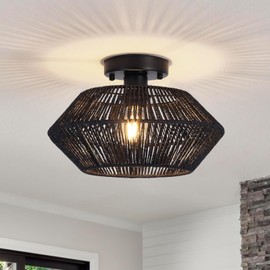 Black Ceiling Light, Rattan Semi Flush Mount Ceiling Lighting Fixtures Woven Cage Coastal Rustic Ceiling Lamp for Bedroom Kitchen Hallway Bathroom Farmhouse
