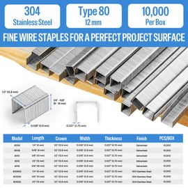 meite 21 Gauge 1/2-inch Crown Upholstery Staples, 304 Stainless Steel with 1/2-inch Leg Length, Heavy Duty Staples for Staple Gun MT8016 (10,000 Counts)