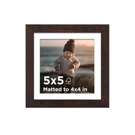 KINLINK 5x5 Picture Frame Brown Set of 1, Wooden Square Photo Frame Matted 4x4 with Plexiglass for 4x4 with Mat or 5x5 without Mat for Table and Wall Display
