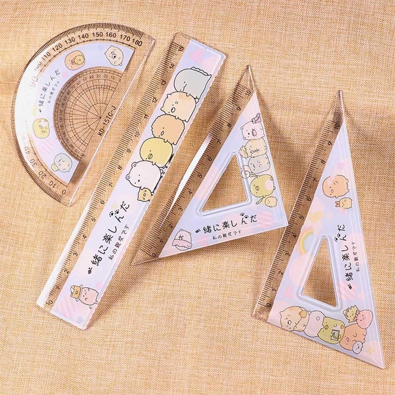 UNTERING 4pcs/Set Kawaii Cartoon Straight Triangle Ruler Protractor Drafting Drawing