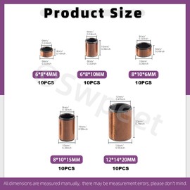 Swpeet 50cs 5 Size 6mm(Bore)×8mm(OD), 8mm(Bore)×10mm(OD), 12mm(Bore)×14mm(OD) Sleeve Bearing Assortment Kit, Plain Bearings Wrapped Oilless Bushings, Bronze Sintered Sleeve Bearings