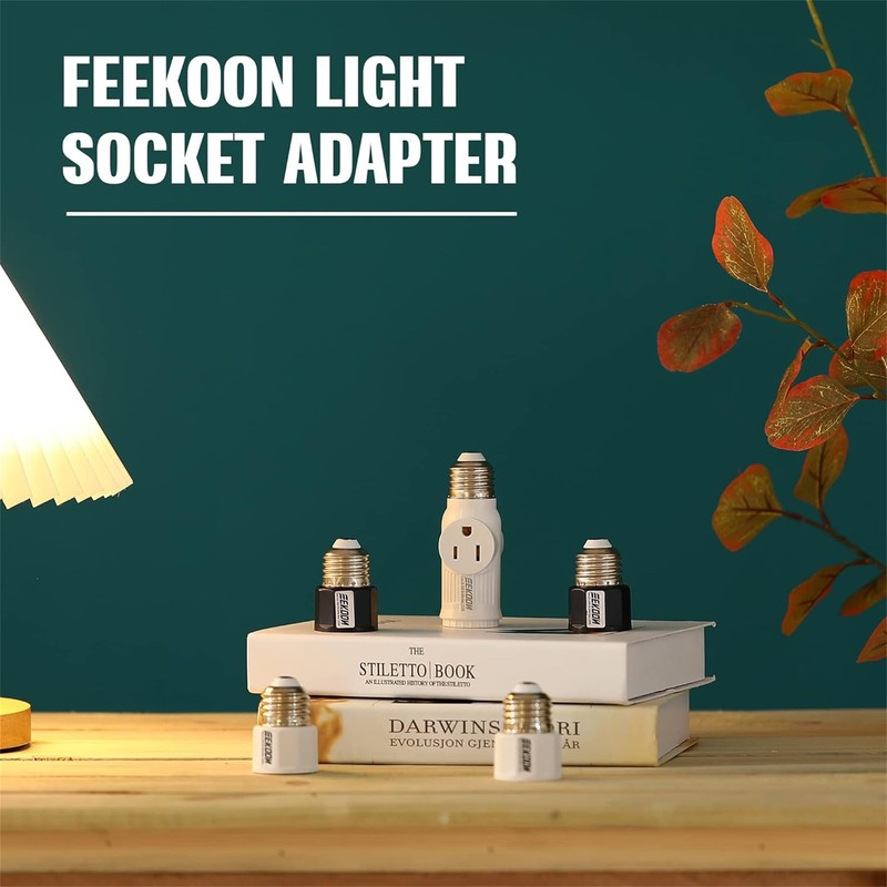 Feekoon 4 Pcs 3 Prong Light Socket Adapter, E26 Light