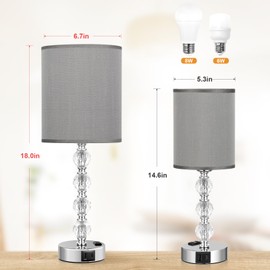 Acaxin Touch Bedside Crystal Lamps for Bedrooms Nightstand with USB C+A Charging Port and AC Outlet White, 3 Way Dimmable Silver Large End Side Table Lamp for Living/Dinning Room/Kitchen/Bedroom