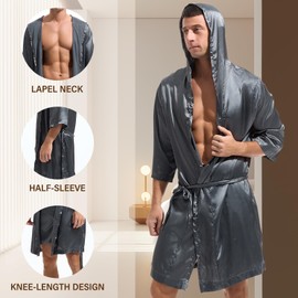 Amy Coulee Mens Satin Robe Set Lightweight Bathrobes with Shorts Silky Half Sleeve Pajamas Robes with Hooded (Dark Gray, XL)
