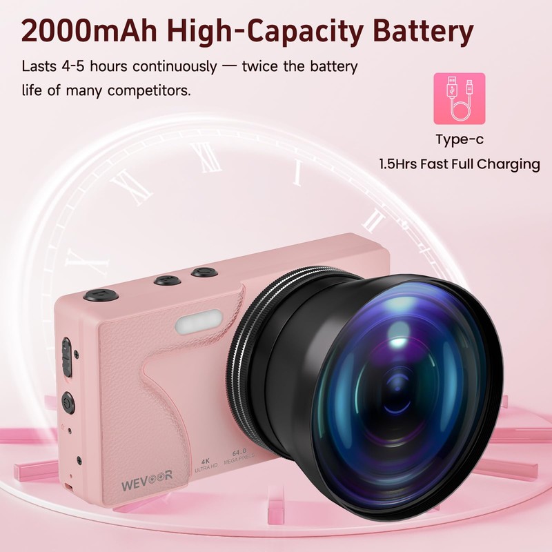 64MP 4K Vlogging Camera, 64GB Fast Autofocus Digital Camera with