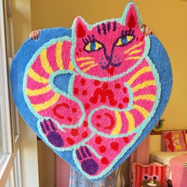 Heart Shaped Rug, Playful Funky Illustrated Style, Cozy Soft Plush, 3D Textured, Washable Anti-Slip, 37" x 39",Pink Blue Green, for Bedroom Living Room Kids Room Home Decor (Blue Pink Multi-color)