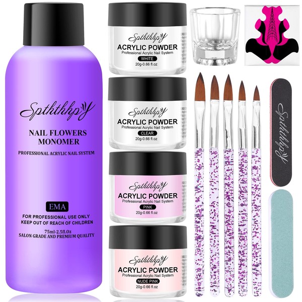 SPTHTHHPY Set of powder and 75 ml acrylic nail liquid, 4 colours acrylic nail set, no UV lamp required, suitable for beginners and nail experts