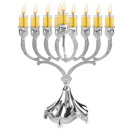 Ner Mitzvah Silver Plated Oil Menorah - Fits Standard Chanukah Oil Cups and Large Candles - Rounded Branches - 9” High