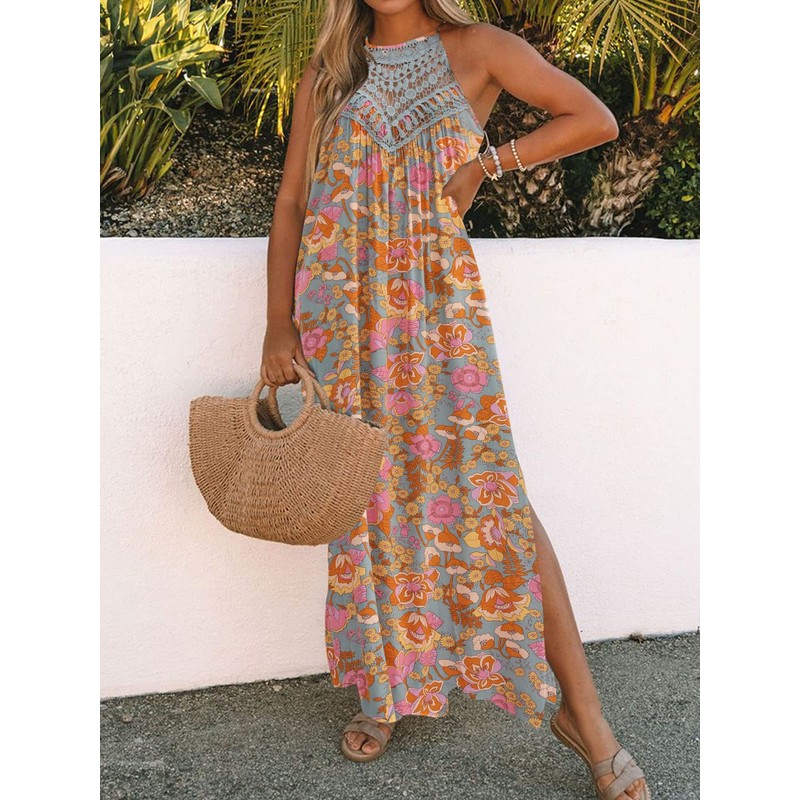 FARORO Long Sundresses for Women Boho Maxi Dress Lace Halter