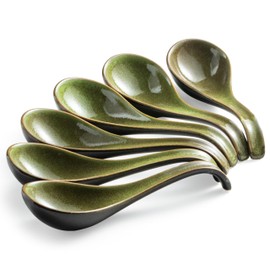 Gomakren Asian Soup Spoons, 6.5 Inch Ceramic Chinese Soup Spoons for Cereal, Ramen, Pho, Noodles, Stews, Green Kitchen Spoons with Long Handle and Deep Oval Design - Set of 6