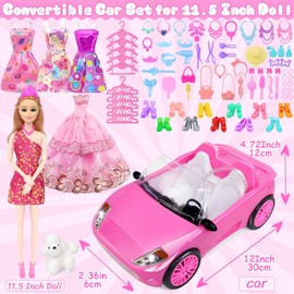 TDDS9 78 Pcs 11.5 Inch Doll Pink Convertible Car Playset, Dress up for Kids Including 11.5 in Girl Doll, Toy Car, 1 Fancy Dress, 3 Regular Dress, 1 Fashion Dress, 71 Accessories