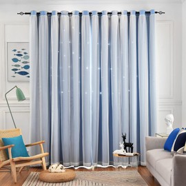 Loyala Star Curtains, Blackout Curtains for Bedroom, Cute Curtains, Kids Blackout Curtains, Double Layer Curtains, Light Blocking Curtains 63 Inch Length 2 Panels, Blue Curtains, 52 X 63 Inches