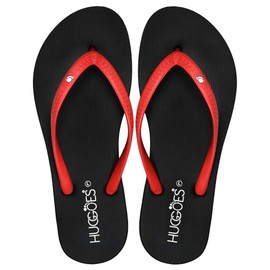 HUGGOES - Ultra Soft Comfortable Natural Rubber Summer Beach Flip Flops for Women (Medium (US 6/7), Black - Red)
