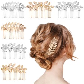 6 PCS Leaf Hair Side Combs Gold Rhinestone Hair Comb Clips with Teeth Wedding Headpiece Hair Accessories for Women, Girls, Bride, Bridesmaid(Gold and Silver)