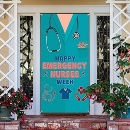 Printspree Emergency Nurses Week Door Cover - 72.8x35.4 Inch Vibrant Polyester Door Decoration with Nurse Uniform & Stethoscope Design, Happy Emergency Nurses Week Sign for Hospitals & Clinics