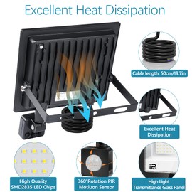 VRFMALIY LED Spotlight with Motion Sensor Outdoor 50 W, 5000 LM 7000 K PIR LED Floodlight IP67 Waterproof Cool White Super Bright LED Headlight for Entrance Garden Garage Yard