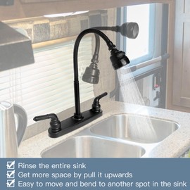 RV Kitchen Faucet,Camper RV Kitchen Sink Faucet Replacement with 2 Handles Flexible Spout 360 Swivel Rotatable Tri-Function Sprayer for Motorhomes,Travel Trailers,8 inch 2 Hole,Non-Metallic,Black