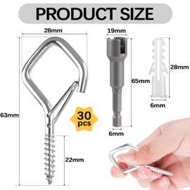 Muyohix Pack of 30 Screw Hooks, Stainless Steel Screw with Safety Clasp, Rustproof Hook Screw for Hanging Pot Plants, Fairy Lights, Wind Chimes and Bird Houses (Silver)