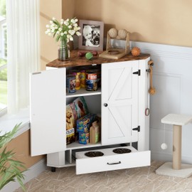 PakaLife Farmhouse Dog Food Storage Corner Cabinet, Dog Feeding Station with 2 Hidden Dog Bowls, Adjustable Panel, 4 Hooks, Pet Feeding Station Corner Cabinet for Medium, Small Sized Dogs