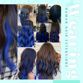 RUNATURE Blue Clip-In Remy Real Hair Extensions, 45 cm, Blue Clip Real Hair Extensions, Colourful Clip-In Hair Extensions, Real Hair, Straight Hair, 25 g, 18 Inches, 5 Pieces