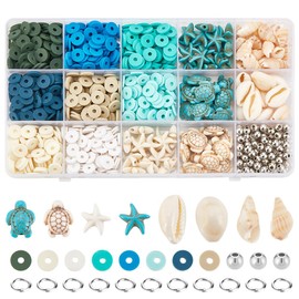 UNICRAFTALE 1 Box About 1000Pcs Turtle Starfish Beads Bohemian Style Natural Shell Charms Colorful Flat Round Beads Summer Ocean Sea Animal Set Round Pearls for Women Making