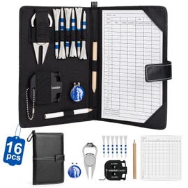 Golf Scorecard Holder with Carabiner Clip, Golf Accessories Set Includes Divot Tool with Magnetic Ball Marker, 5 Scorecards, 6 Golf Tees, 1 Pencil & Score Counter – Portable Golf Gift for Men & Women