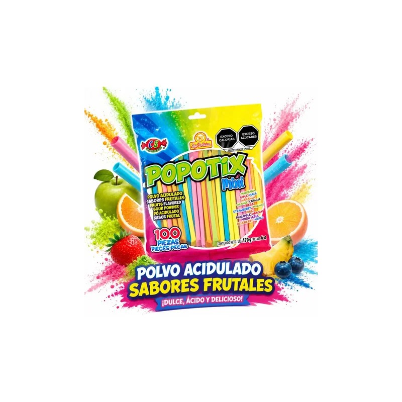 Popotix Mini 100 pzs Polvo Acidito Sabor Frutal Las Delicias
