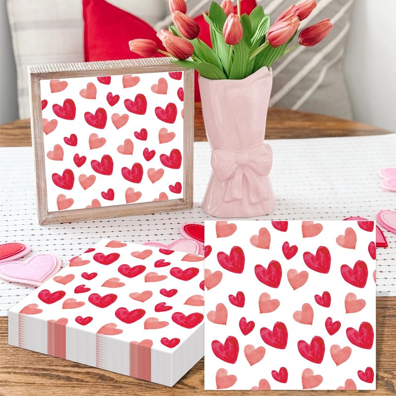 60 Pack Valentine's Day Napkins Paper, Pink Heart Napkins, 6.5
