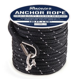 RainierSupplyCo Boat Anchor Rope -Double Braided Marine Rope Anchor Line -100 ft x3/8 Inch Nylon Boating Line with 316 Stainless Steel Thimble and Heavy Duty Marine Grade Bow Shackle -Black Reflective
