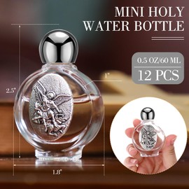 Sunnychicc 12 Pcs Catholic Holy Water Bottles 0.5 Floz Embossed Glass Holy Water Bottle with Toned Cap and Depiction Communion Gifts for Family Church (Silver,Saint Michael the Archangel Round Cap)