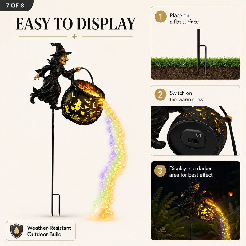 Halloween Witch Cauldron Garden Light for Outdoor Decor – Warm