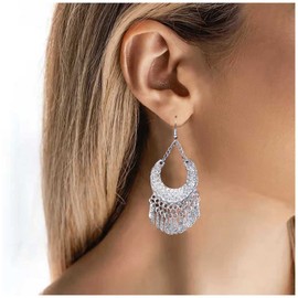 Aneneiceera Tribal Filigree Chandelier Earrings Silver Fringe Tassle Drop Earrings Long Chain Tassel Earrings Vintage Hollow Out Filigree Earrings Gypsy Boho Statement Earrings Jewelry for Women