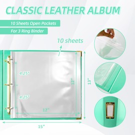 Craftask 12x12 Photo Album 3 Ring Binder, PU Leather Cover Scrapbook Album 12x12 D-Ring with 10 Scrapbook Refill Pages Protective Plastic Sleeves - Mint