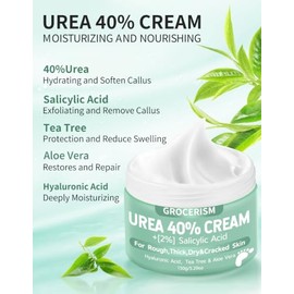 Grocerism 2 paquetes de Crema de Urea 40% más 2% de ácido salicílico 5.30 oz || Crema para pies de máxima potencia con ácido hialurónico, árbol de té 