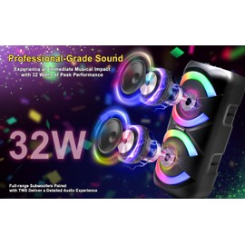 Fisher Bluetooth PA Speakers Stereo System-Karaoke Portable Wireless DJ, Dual 6.5" 32W Peak Power, Loud HD Sound & LED Lights, Rechargeable, USB Port, AUX, TWS, FM Radio, Indoor/Outdoor Party