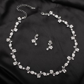 SFE Elegant Brides Austrian Crystal Flower Choker Necklace Drop Dangle Earring Bracelet Wedding Jewelry Set for Bridesmaid Prom Costume Jewelry Set for Women (White-Platinum Plated)